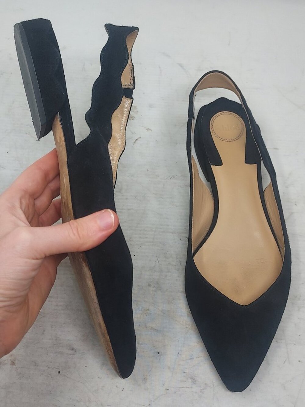 Chloe Lauren Black Suede Scalloped Slingback Flat Shoe